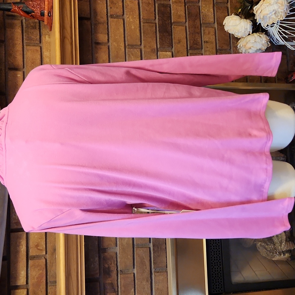 CeCe Vibrant Pink Rhinestone Button Henley Y2k Ribbed Ruffled Base Layer Shirt - Picture 7 of 16